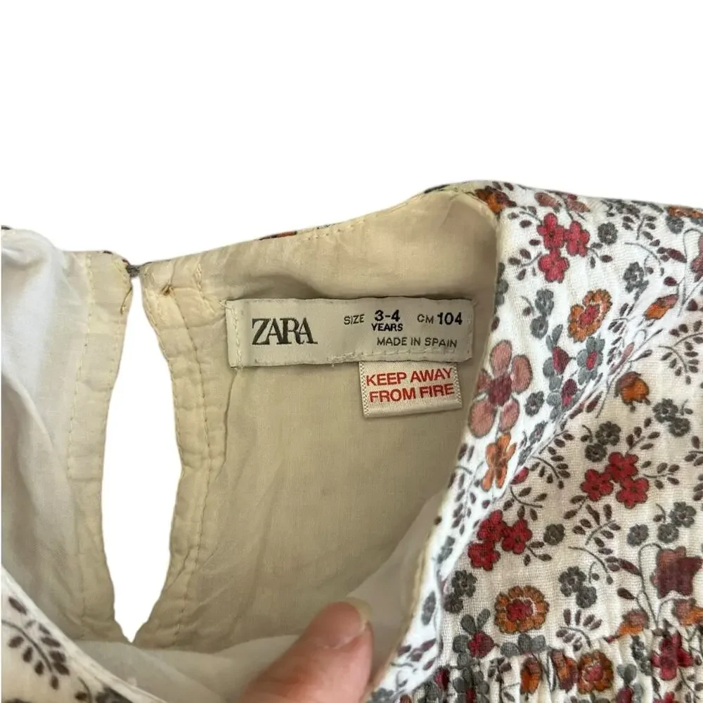 Zara White Floral Dress with Red and Brown Print